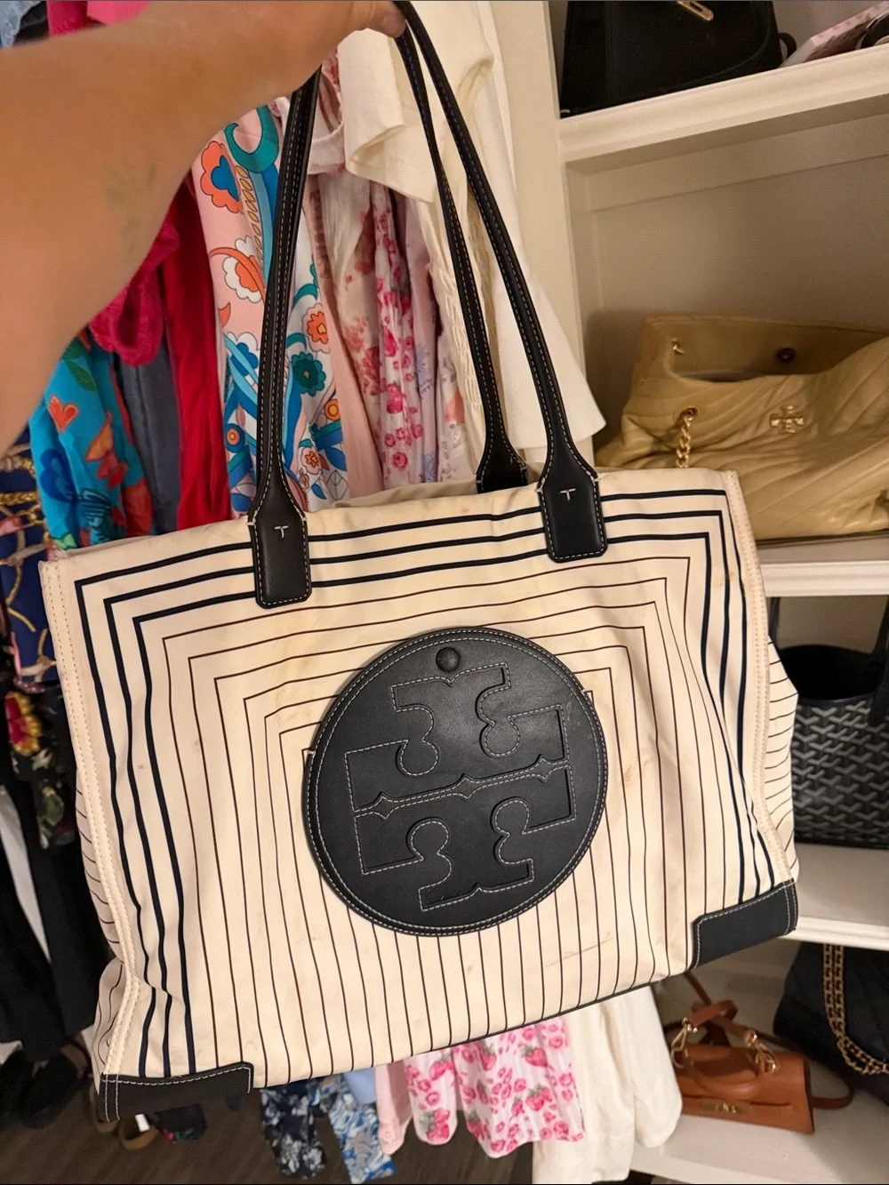 Tory Burch Black and Cream Striped Logo Tote with Leather Trim